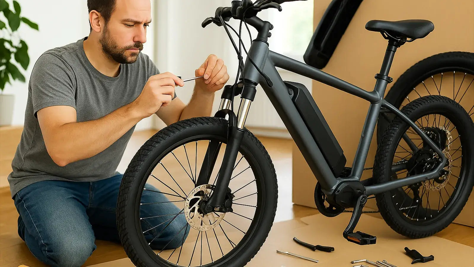 Man assembling an electric bike with tools