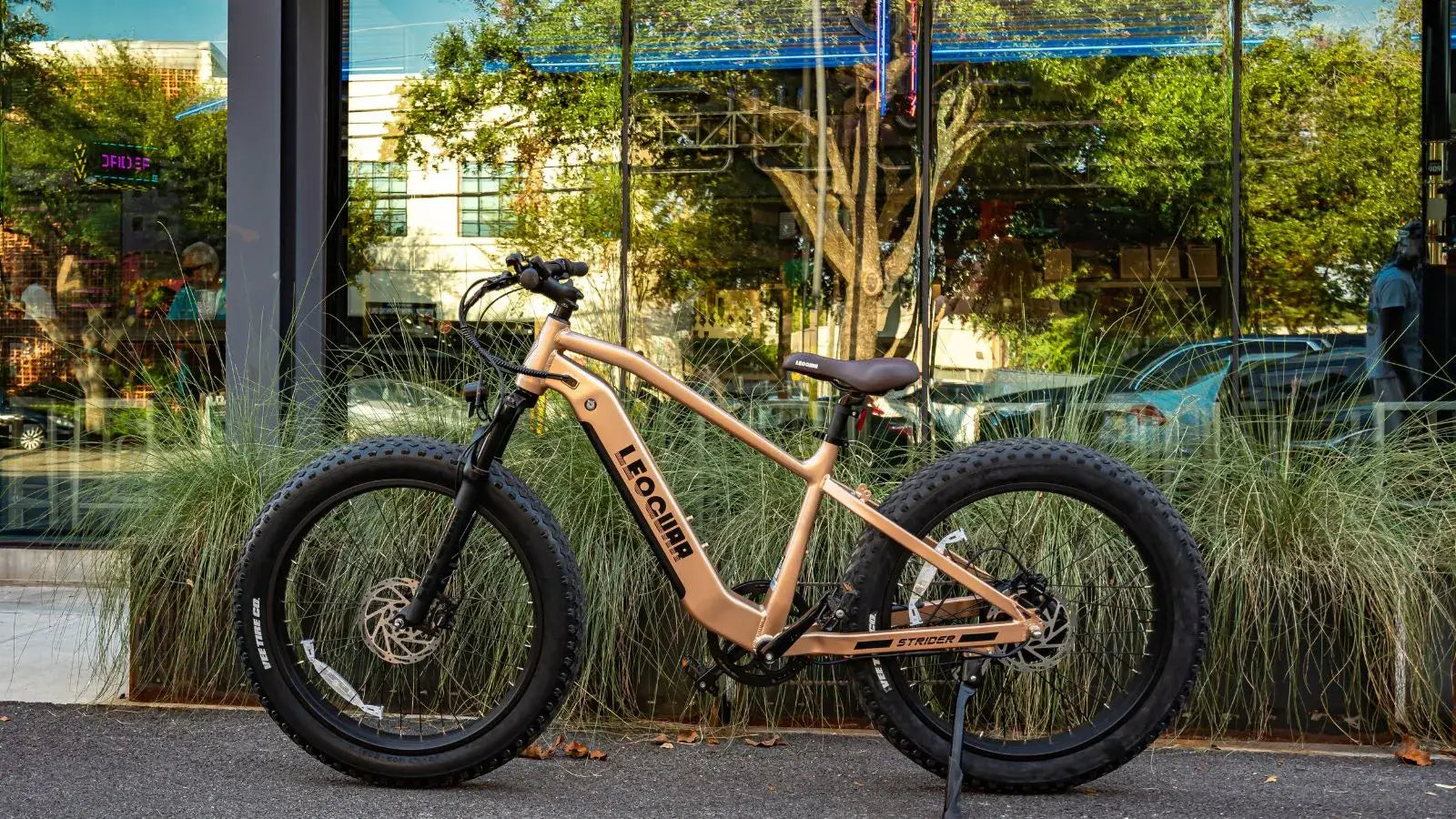 Beige fat tire electric mountain bike parked outside a modern glass building, surrounded by urban greenery