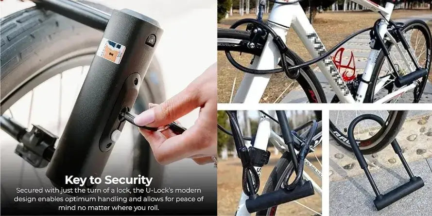 Different e-bike anti-theft security methods including frame lock, wheel lock, and U-lock