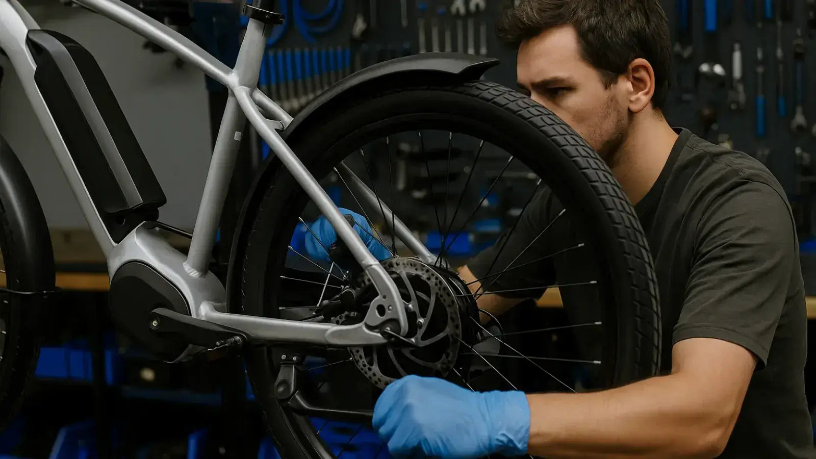 Mechanic repairing the rear wheel of an electric bike in a workshop