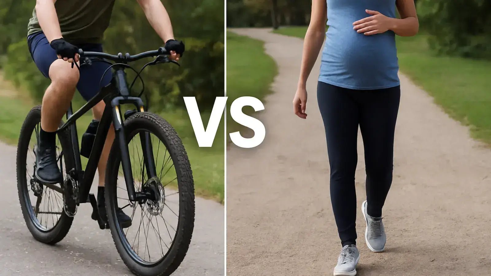 Side-by-side comparison of cycling and walking with a bicycle rider on the left and a pregnant woman walking on the right, showing cycling vs walking