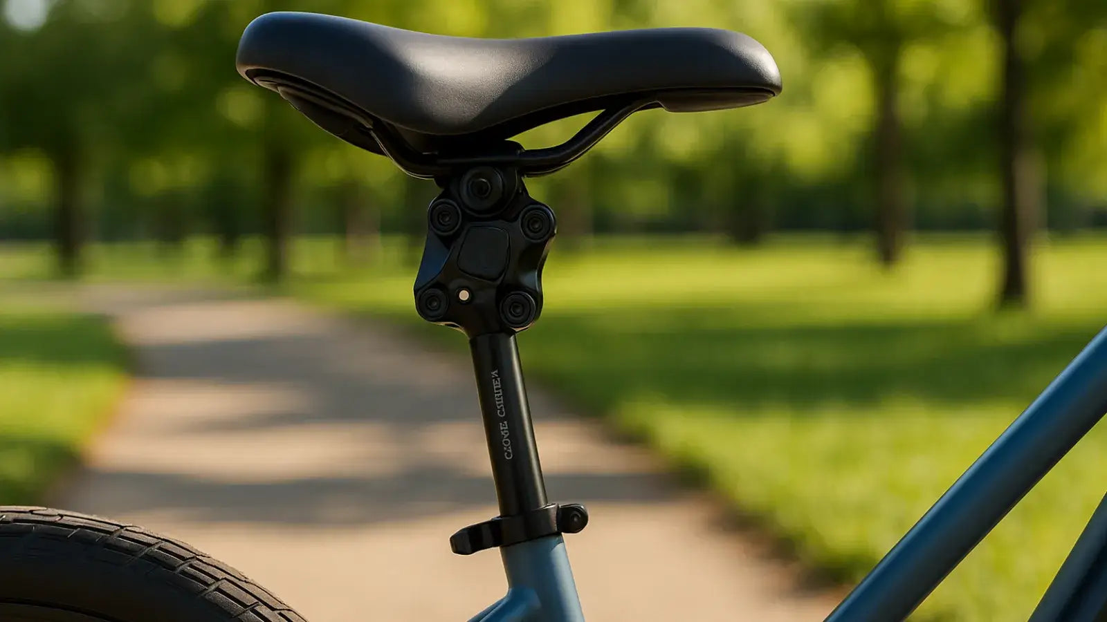 Close-up of a suspension seatpost on a modern bike, parked on a park path in daylight