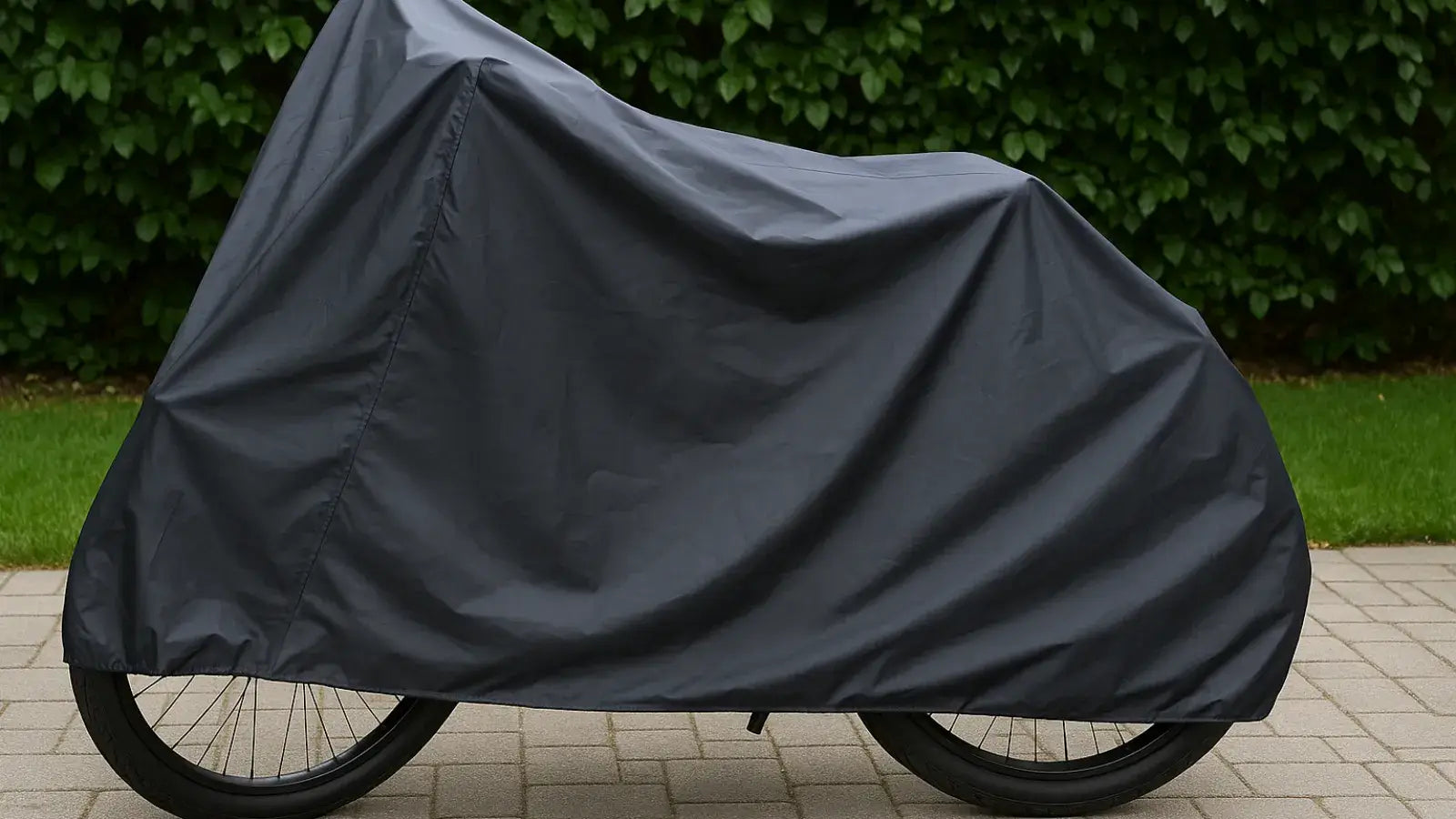 Protective bike cover shielding a parked bicycle, with only the wheels partially visible