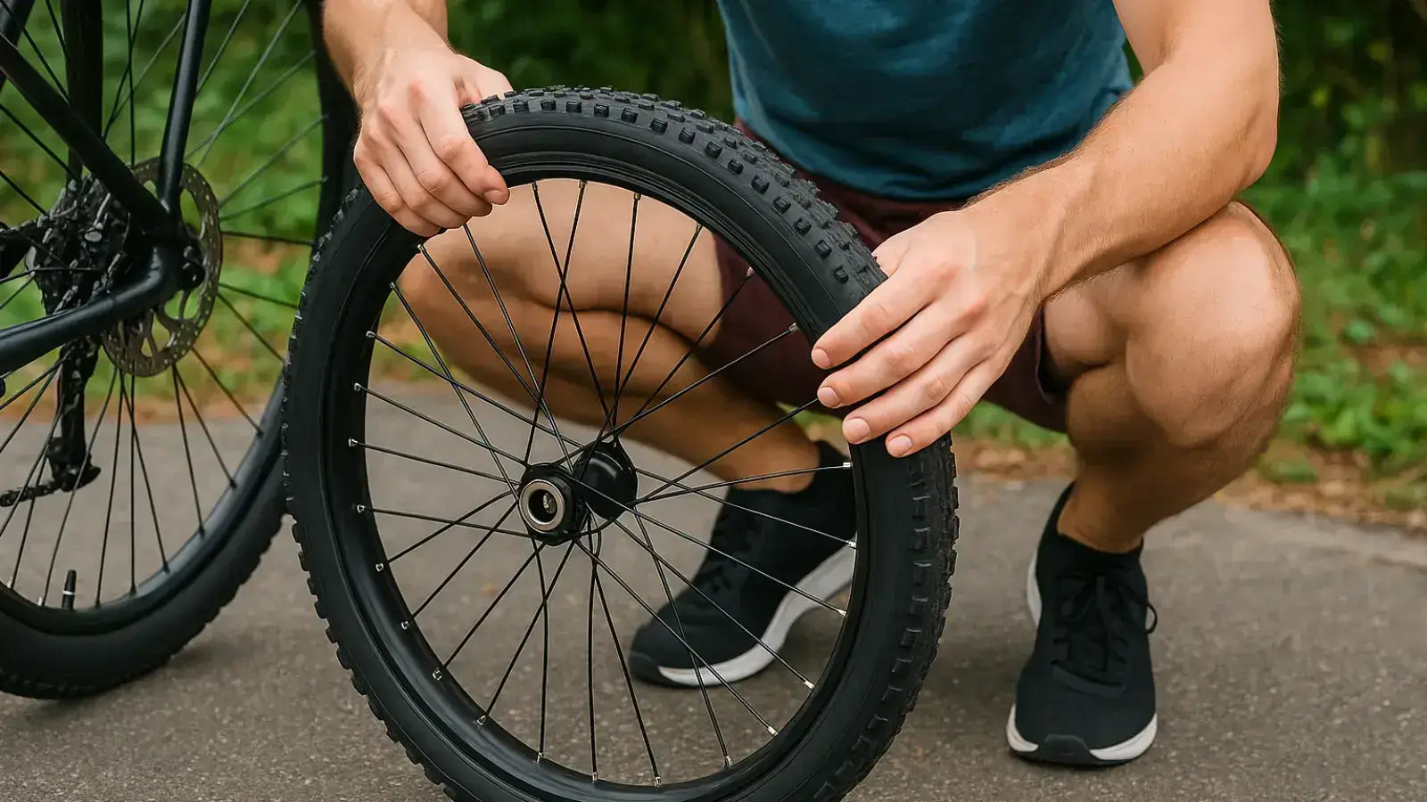 cyclist installing a solid rubber bike tube on a bicycle wheel outdoors