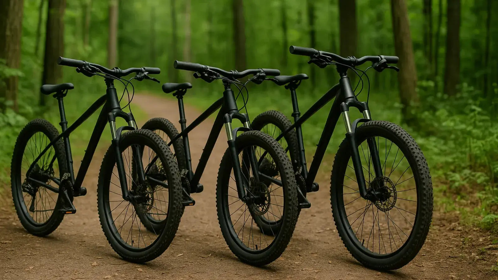 Three mountain bikes with different wheel sizes lined up on a dirt forest trail