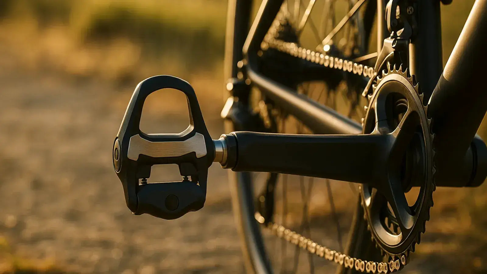 Close-up view of an e-bike crankset and pedal on a gravel path, with sunlight casting a warm glow on the components