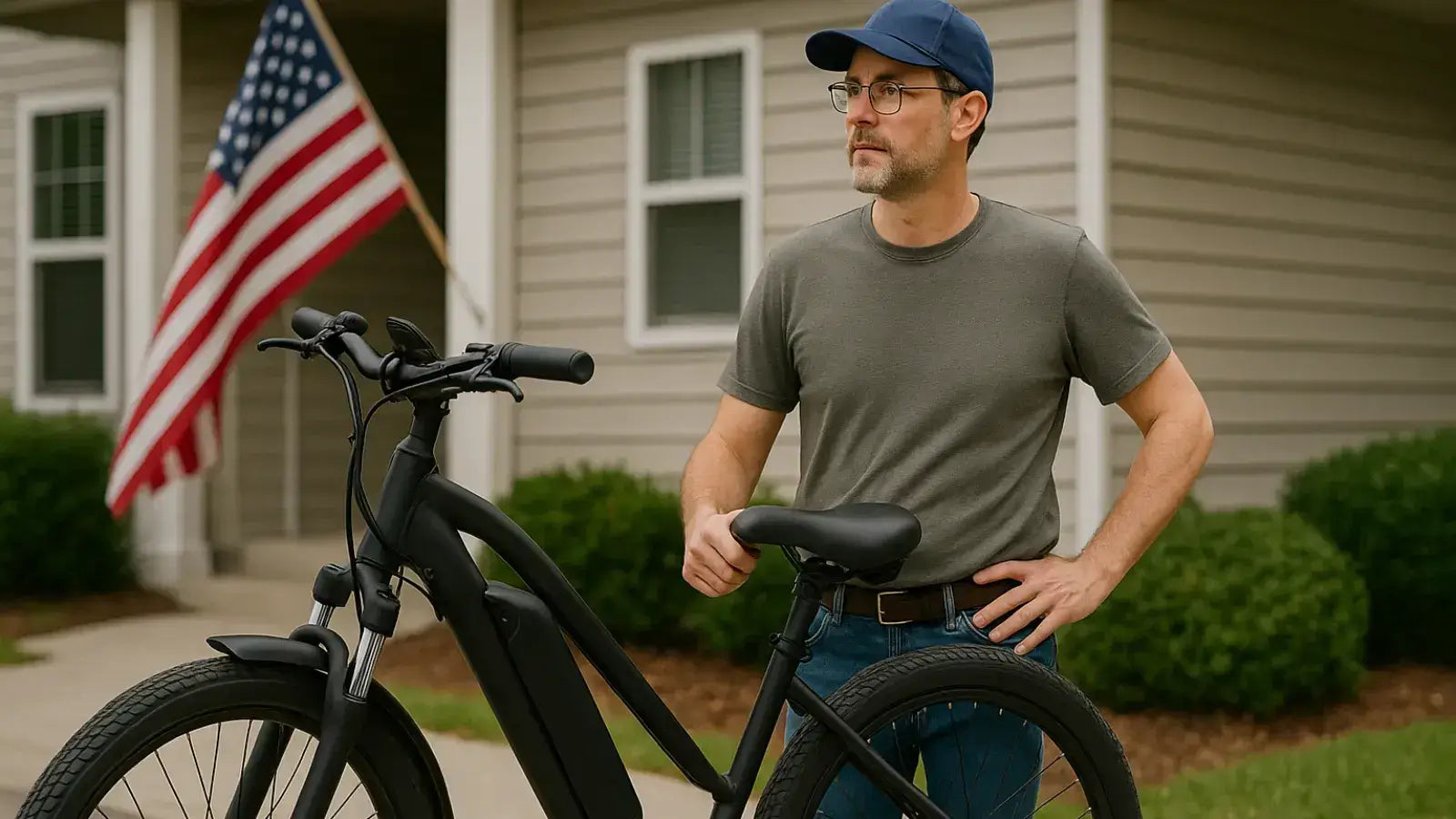 American-made eBike parked on a sidewalk as a man examines it thoughtfully