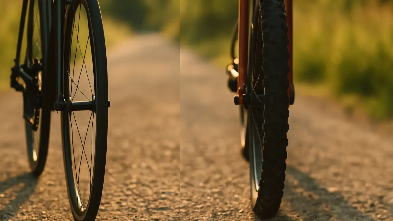 Side-by-side close-up of a narrow smooth road bike tire and a wide knobby mountain bike tire on a gravel path