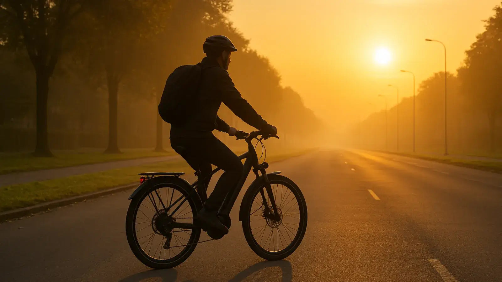 Cyclist riding an electric commuter bike on an open road during sunset, symbolizing eco-friendly and efficient commuting.