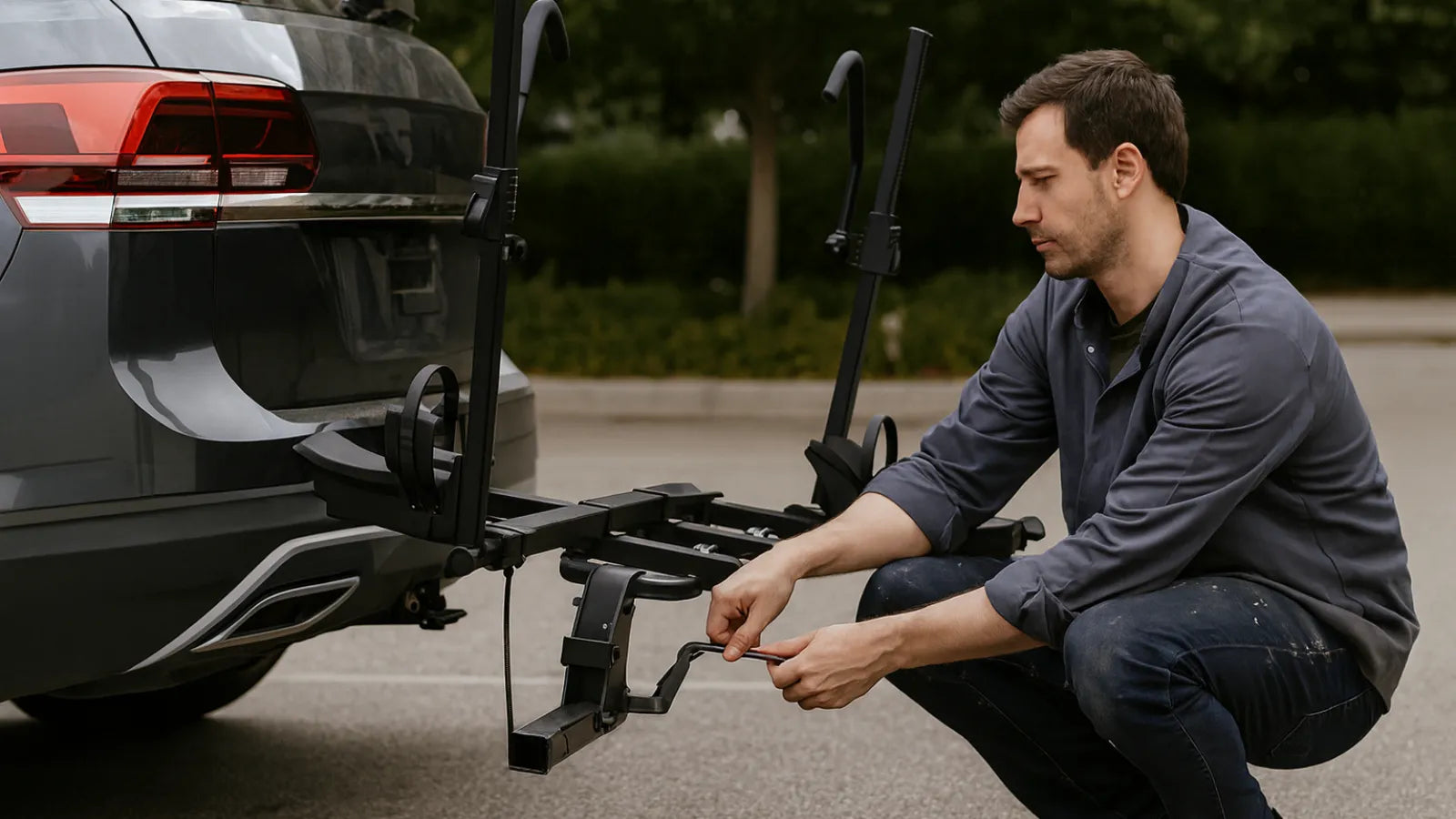 Mechanic installing a black hitch-mounted bike rack on a vehicle