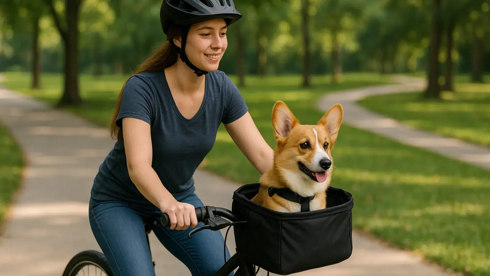 Small dog sitting happily in a bike dog carrier basket during a ride