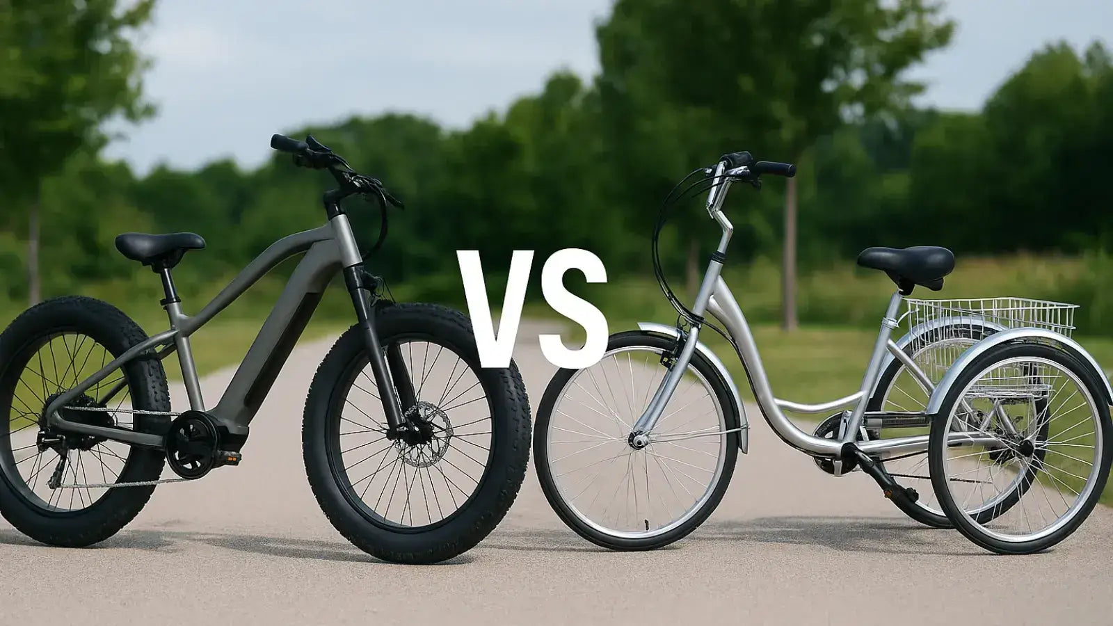 Fat tire electric bike versus traditional bike comparison outdoors, showcasing tire width difference