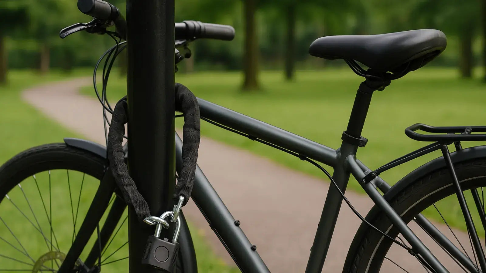 Commuter bike secured with a thick chain padlock around a black post in a park setting