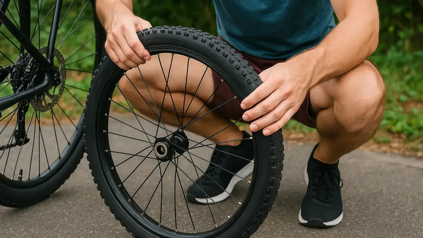 Cyclist checking or replacing a rear bike tire during roadside repair