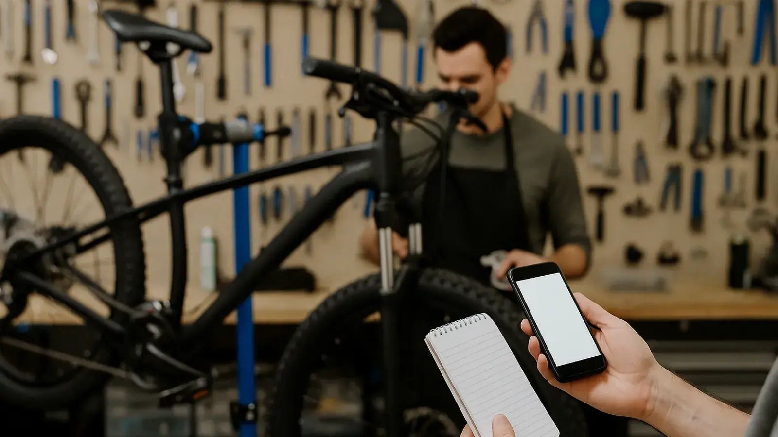 Bicycle mechanic adjusting gears during a tune-up in a repair shop