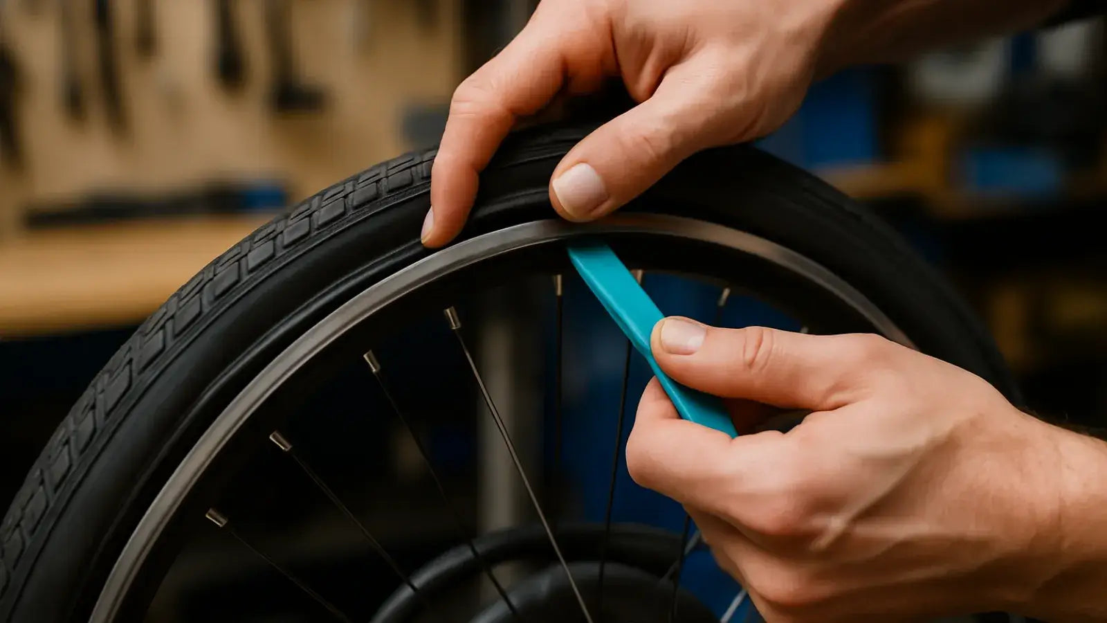 Hands installing a bicycle tire onto a rim using a plastic tire lever in a workshop