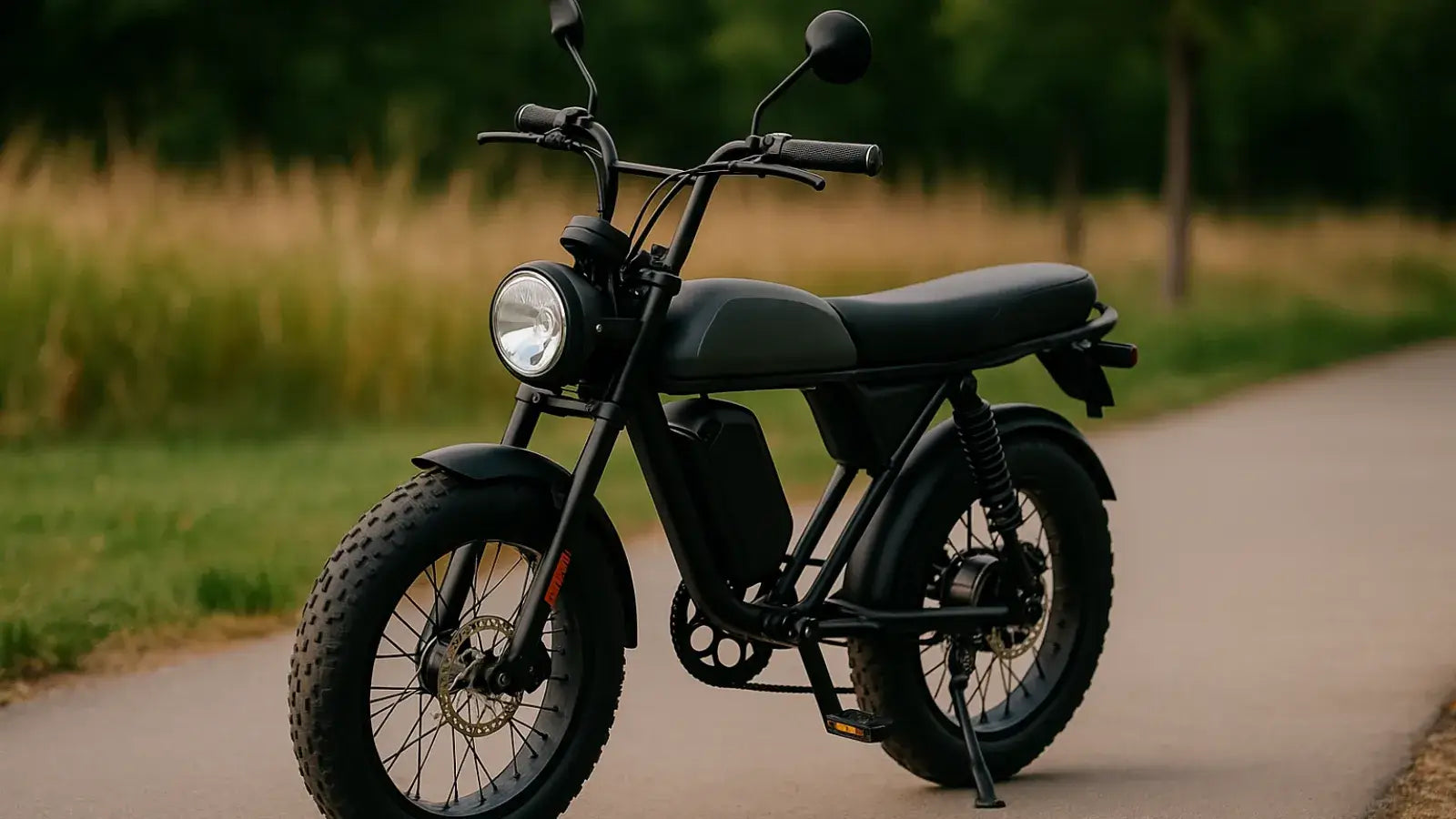 Black moped bike parked on a scenic path, highlighting modern electric bike design and style