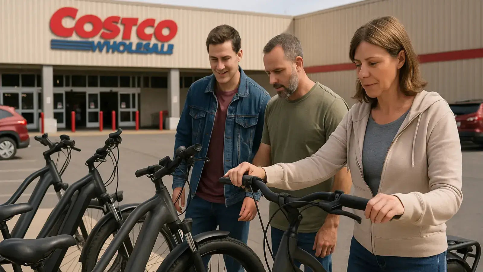 Customers looking at black e-bikes displayed near a warehouse entrance at Costco