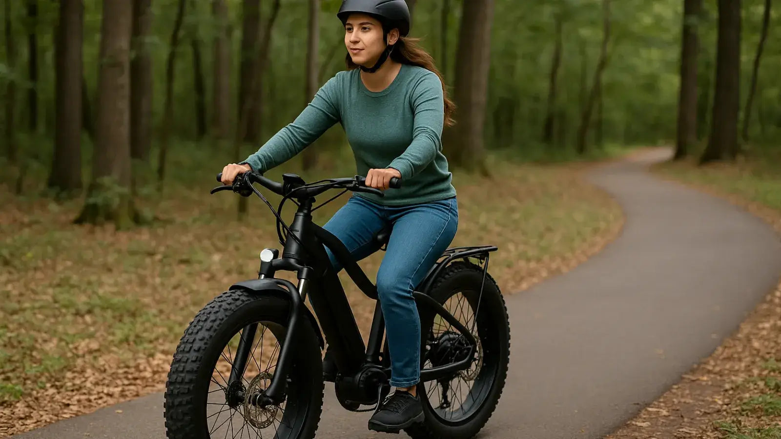 Woman pedaling a fat-tire electric bike through a forest trail with both feet on the pedals