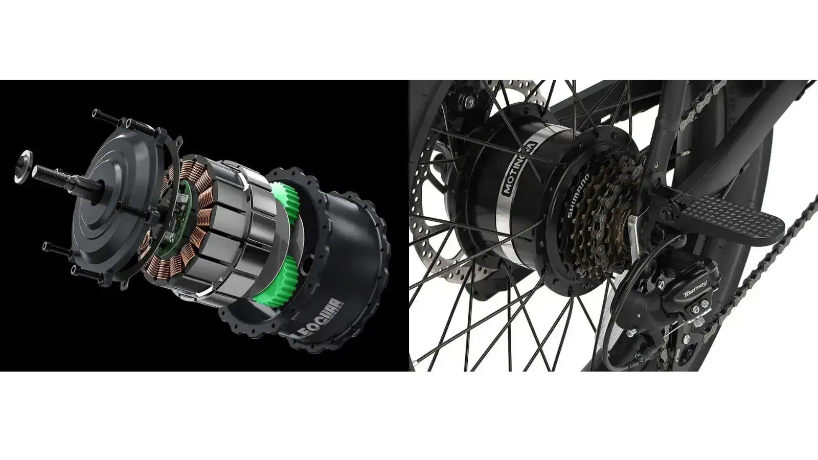 Cross-section and close-up view of electric bike hub motor showing internal structure and gears.