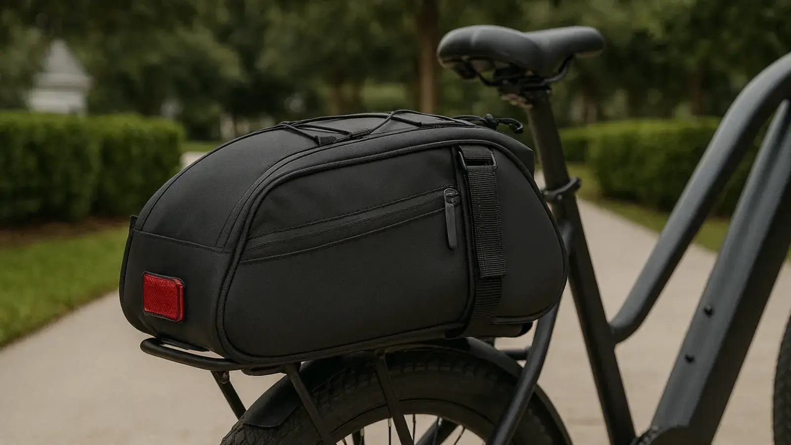 Close-up of an eBike rear cargo rack with a sleek storage bag attached securely