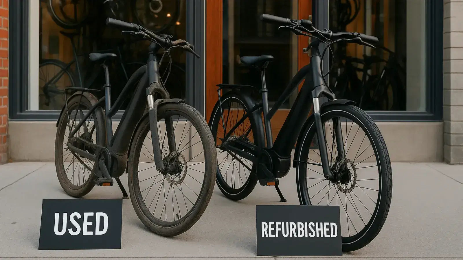 Used e-bike with visible dirt and scuffs displayed next to a clean refurbished model outside a bike shop
