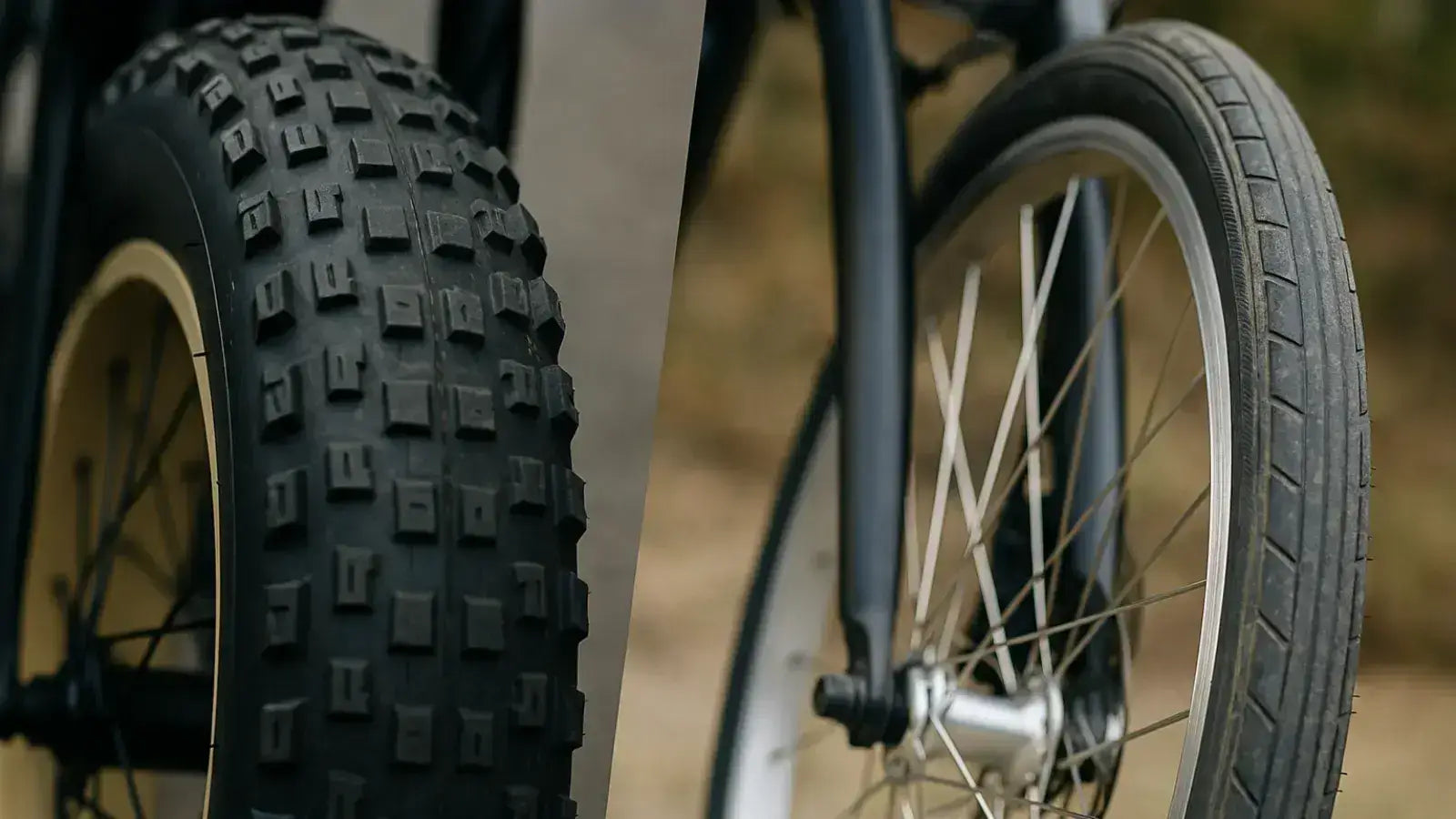 Close-up of fat tire and standard tire on an electric bike, highlighting tread and thickness differences for performance comparison.