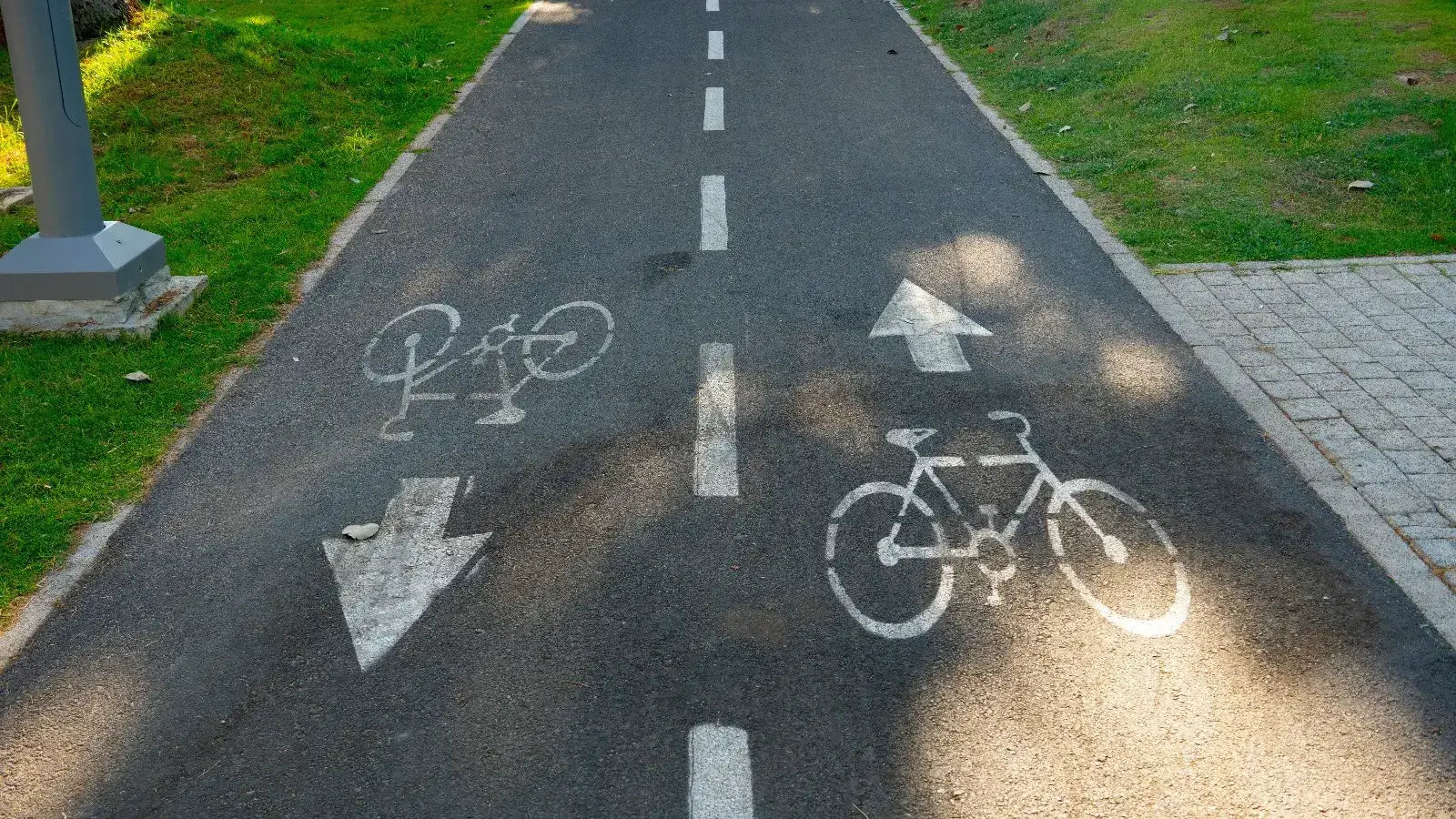 Paved bicycle path with white bike lane markings and arrows.