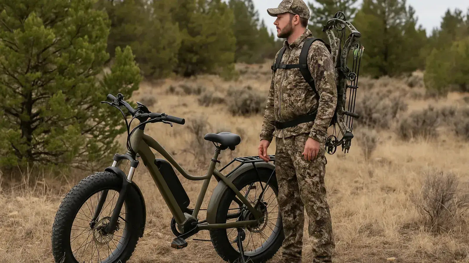 Hunter with camo gear beside Leoguar electric hunting bike, ideal for long-range trips