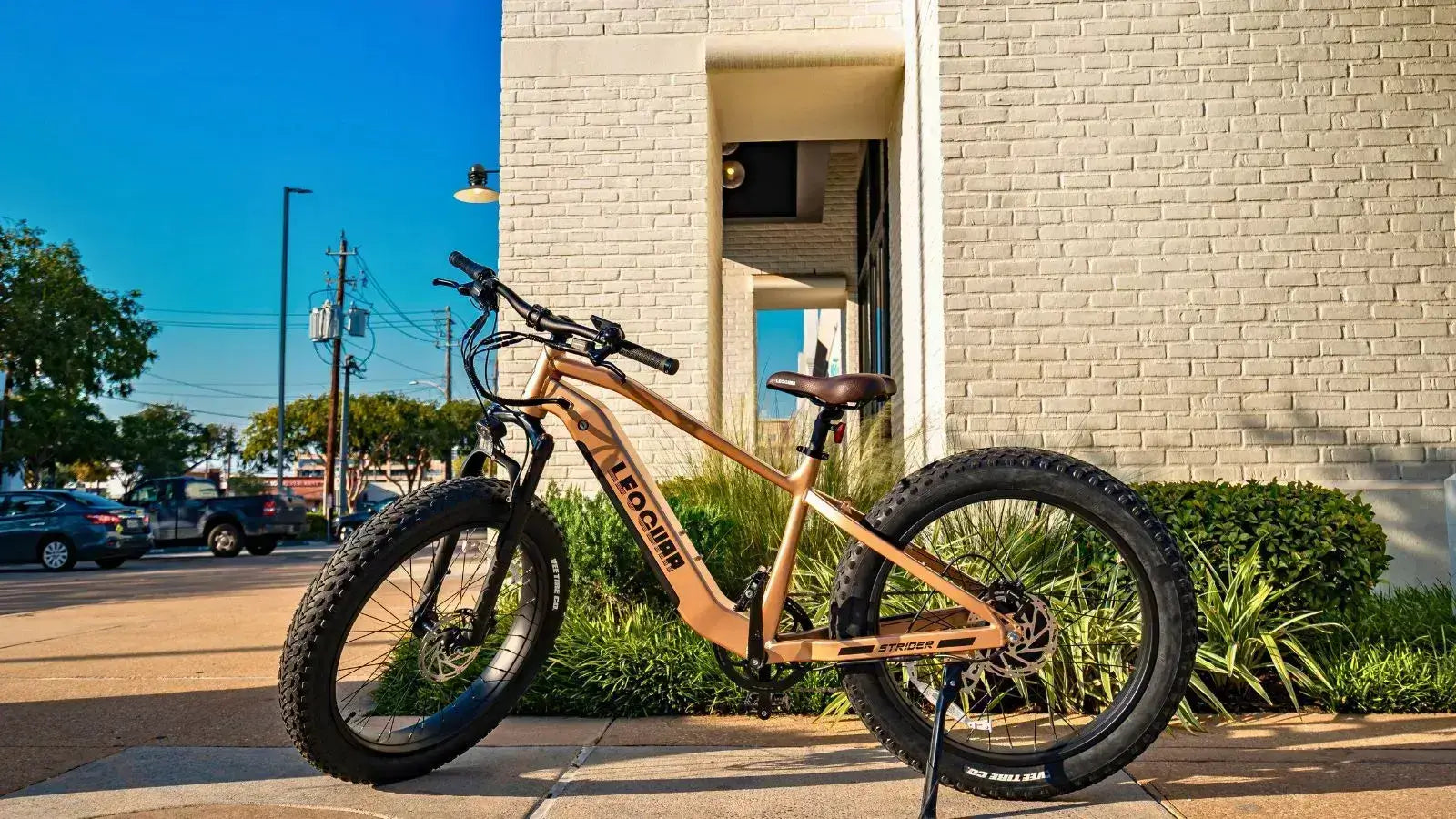 Best e bike tires showcased on a stylish e bike parked near a building, perfect for various terrains.