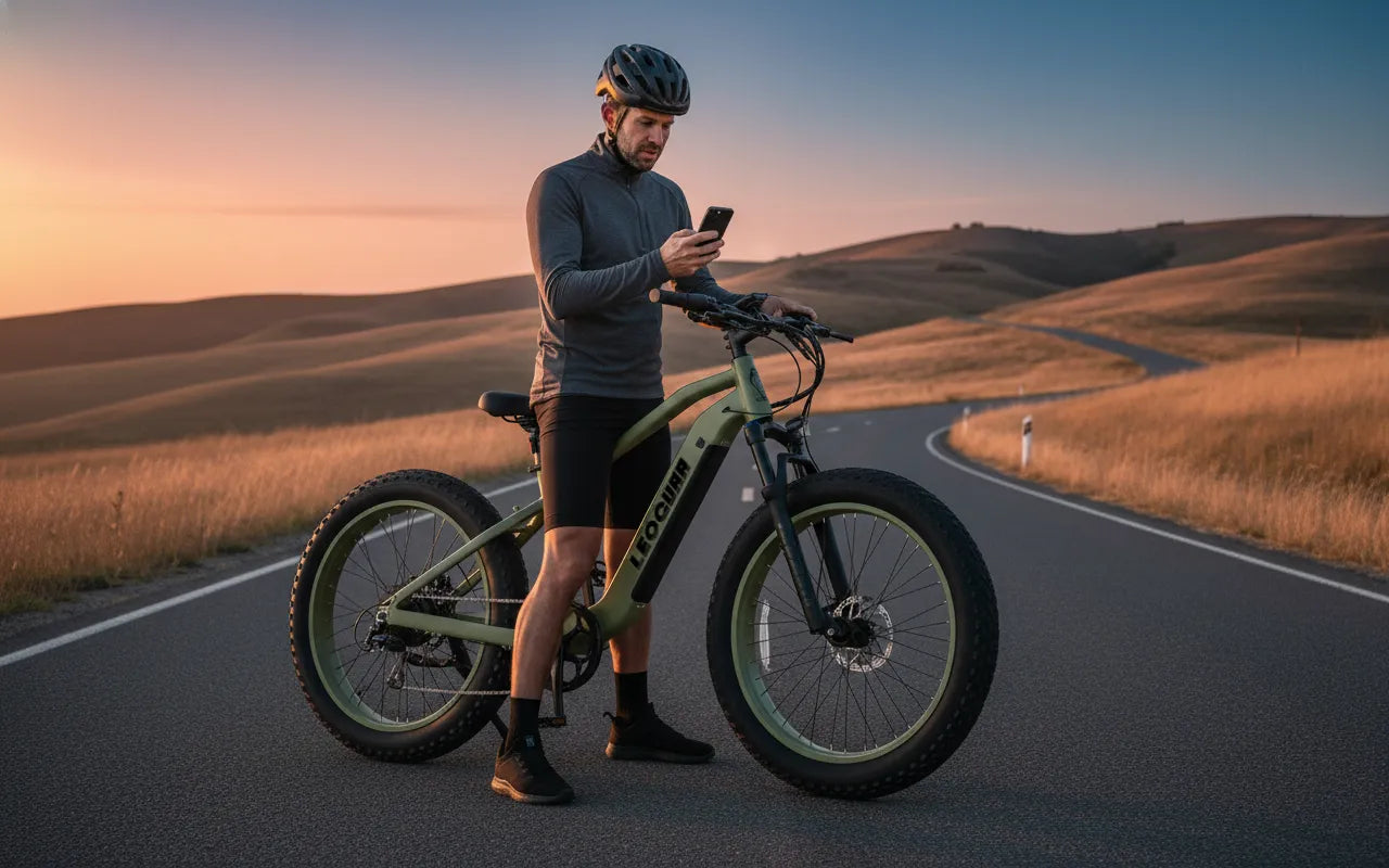 man checking phone next to electric bike