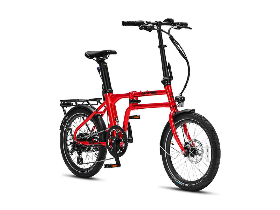 Angled view of red Flippo ebike