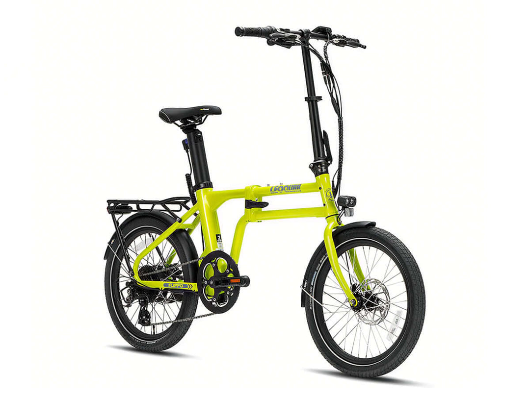 Foldable yellow ebike upright front view