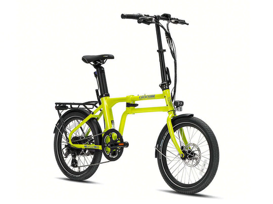 Foldable yellow ebike upright front view