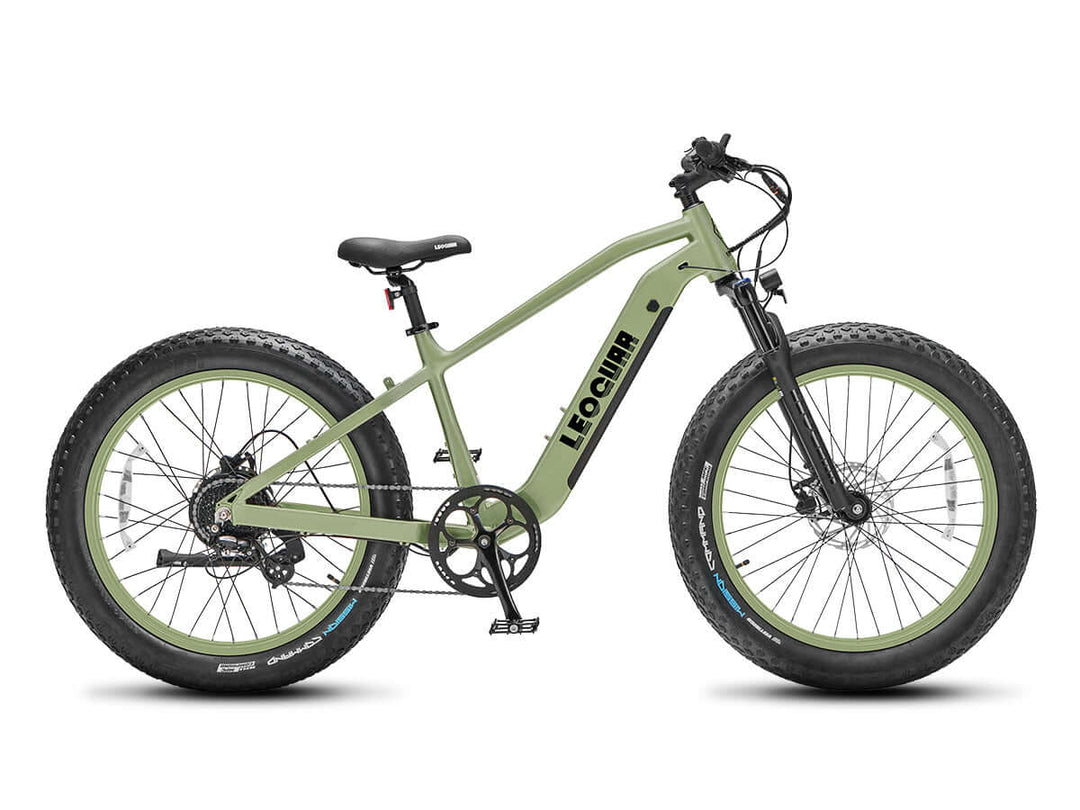 Right-side view of Fastron SO ebike with suspension fork and green-accented fat tires