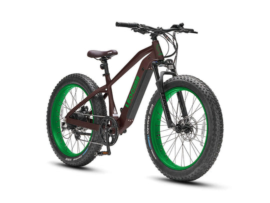 Front-angle studio shot of Fastron SO electric mountain bike with fat tires