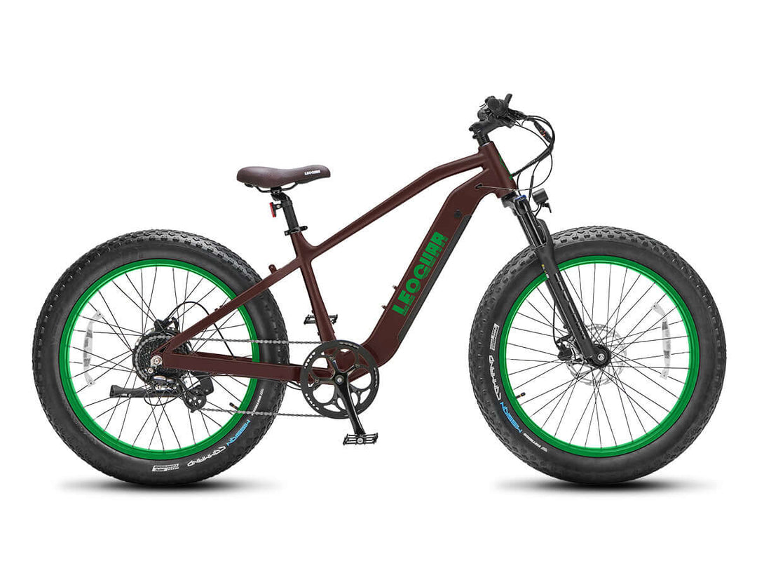 Studio side view of Fastron SO fat tire electric bike with green rims and step-over frame