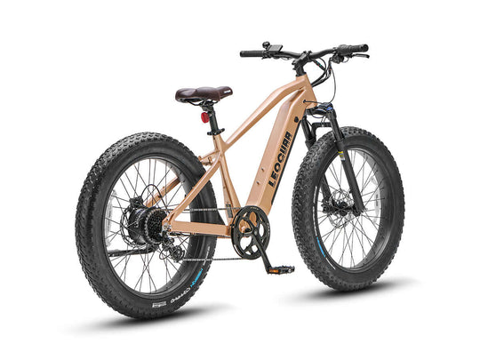 Studio side-by-side view of black and tan Fastron SO electric bikes with fat tires