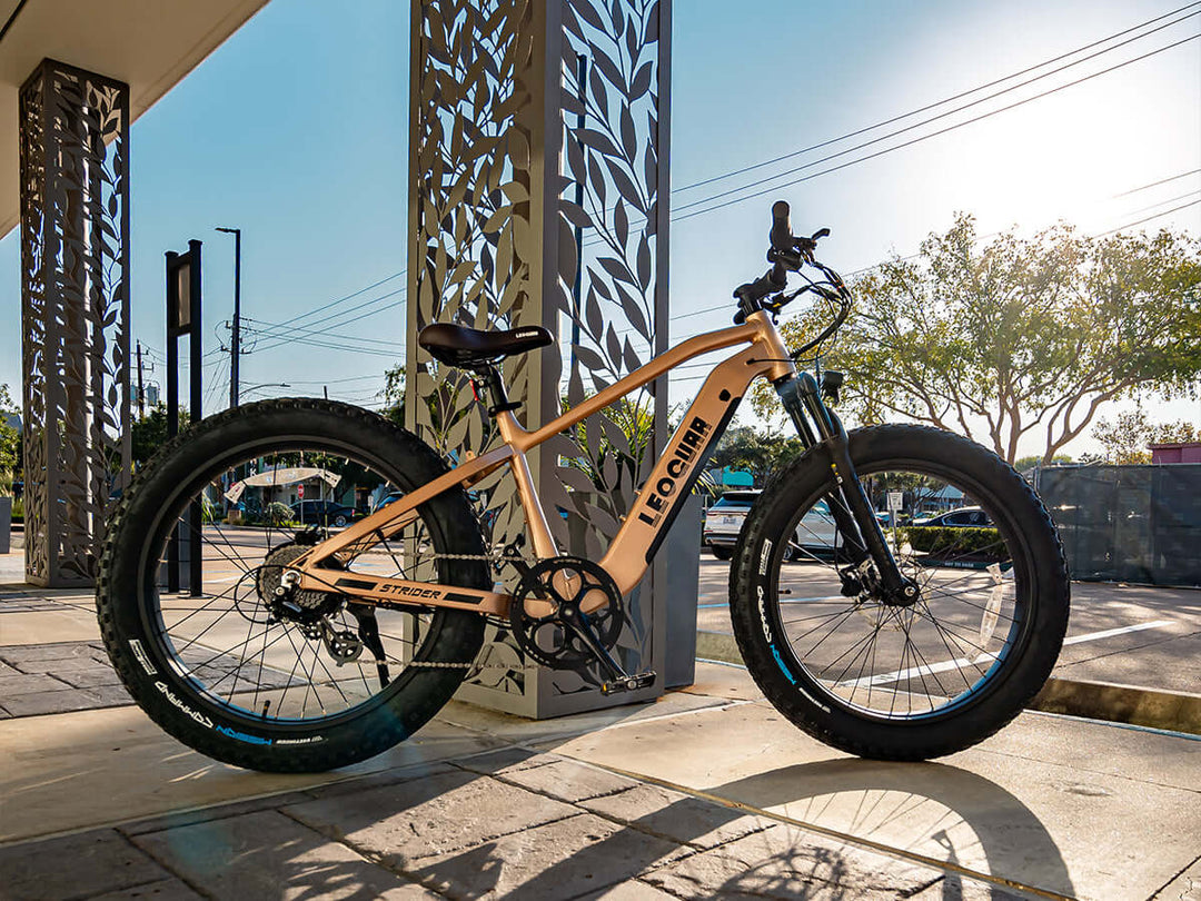 Rider cruising tan Fastron SO fat tire ebike in downtown area with high-rises behind
