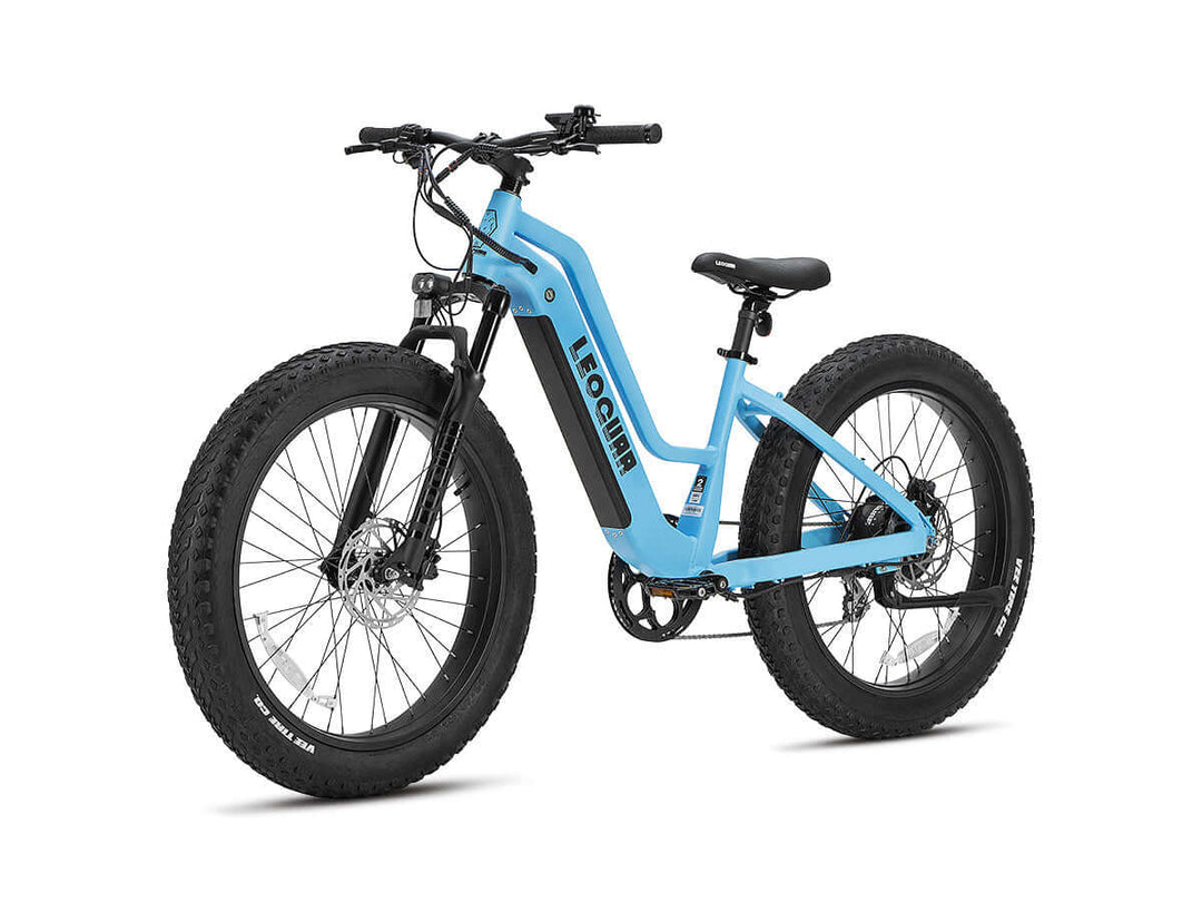 Front angle studio shot of sky blue Fastron ST fat tire e-bike