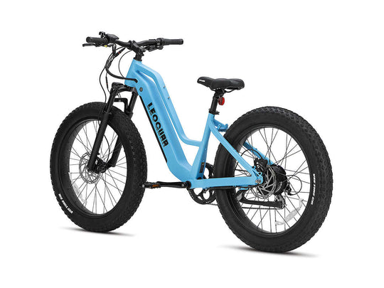 Right-side studio view of sky blue Fastron ST e-bike with low-step frame and fat tires
