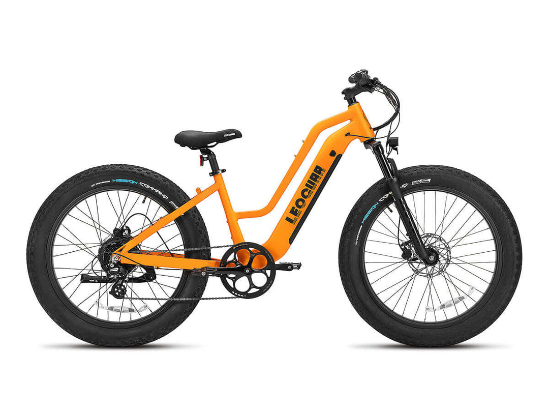 Studio side view of orange Fastron ST fat tire e-bike with cargo rack and comfort saddle