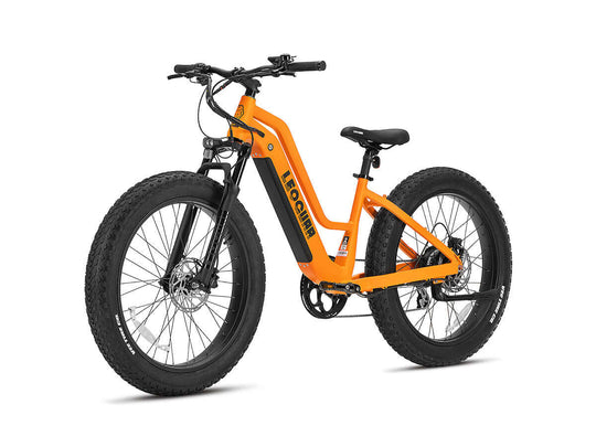 Angled studio view of orange Fastron ST fat tire ebike with step-through frame