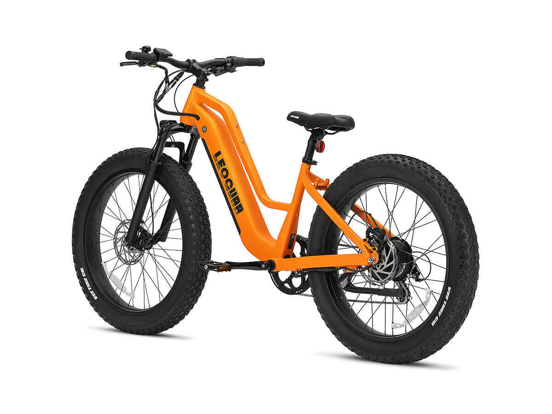 Angled studio view of orange Leoguar step-through fat tire electric bike with rear hub motor and front suspension fork