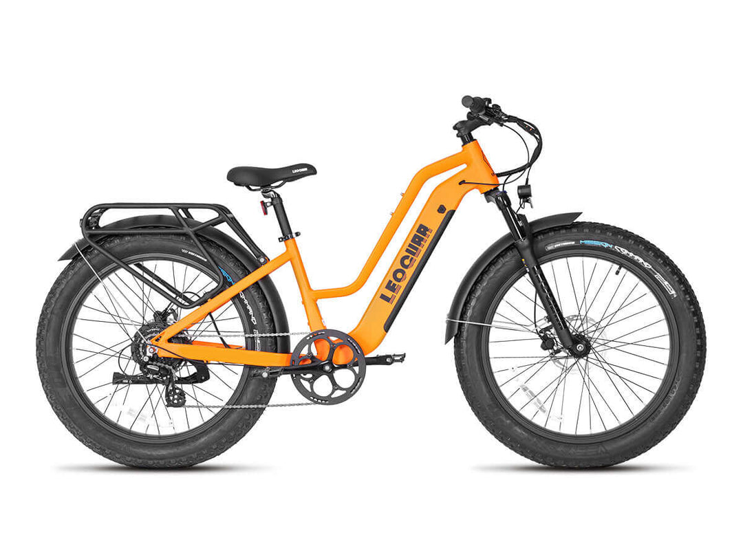 Studio side view of orange Leoguar ST fat tire electric bike with step-through frame and rear rack