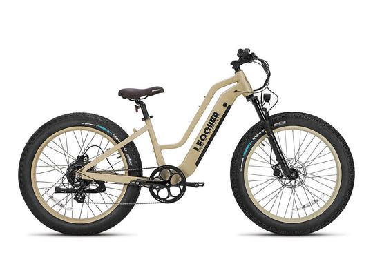 Studio shot of tan Fastron ST step-through electric fat bike with swept-back handlebars