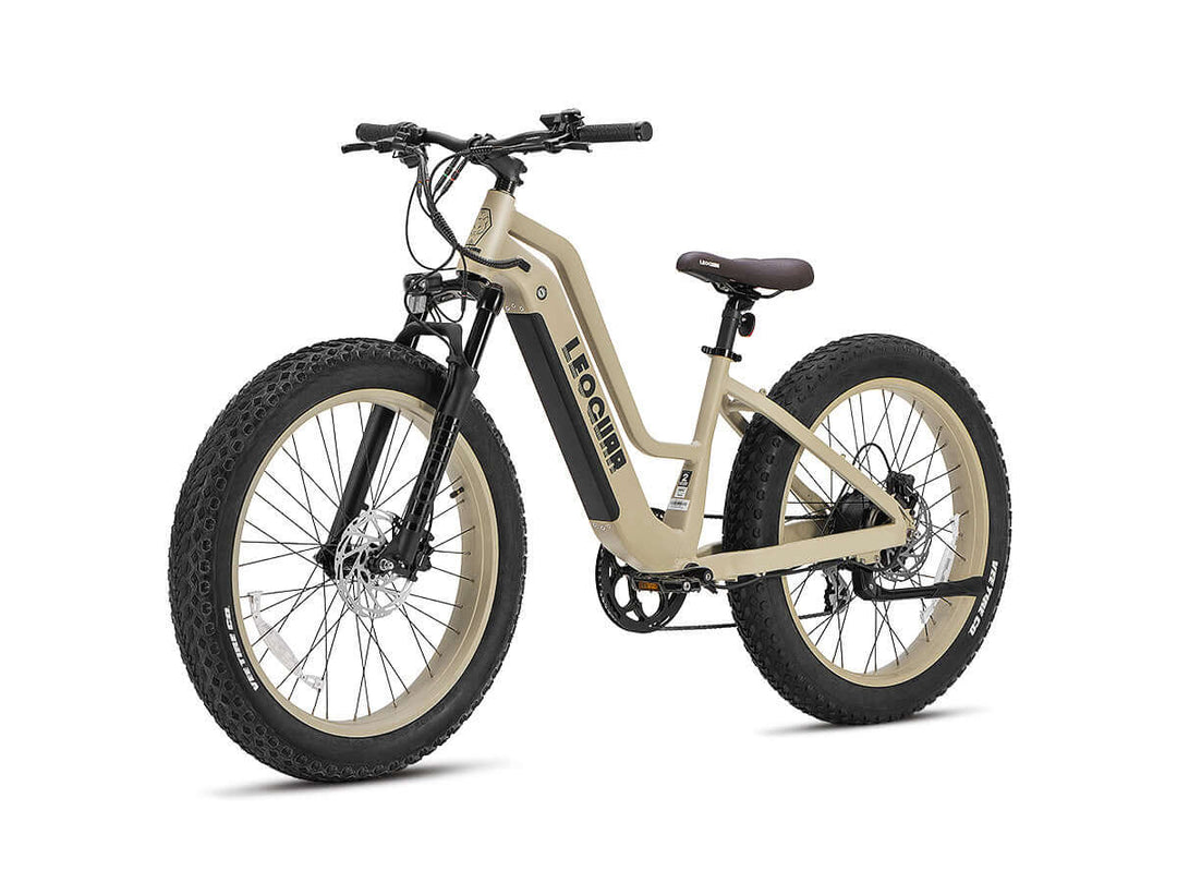 Angled studio view of tan Leoguar step-through fat tire electric bike with suspension fork and rear motor