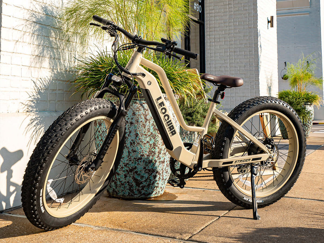 Tan Fastron ST e-bike parked near palm trees on a sunlit urban pathway