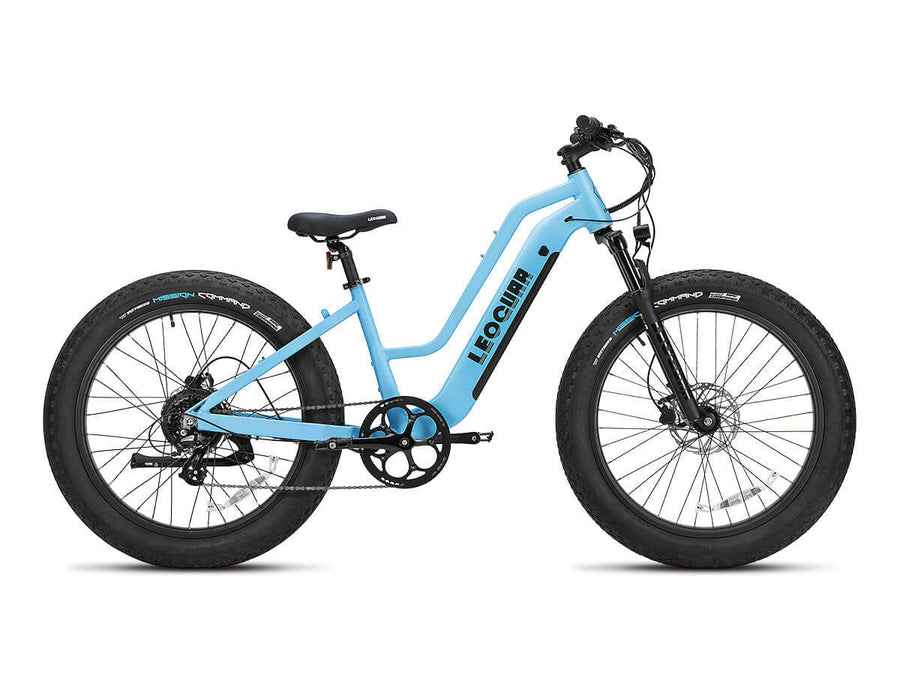 Studio side view of Fastron ST step-through fat tire electric bike in sky blue

