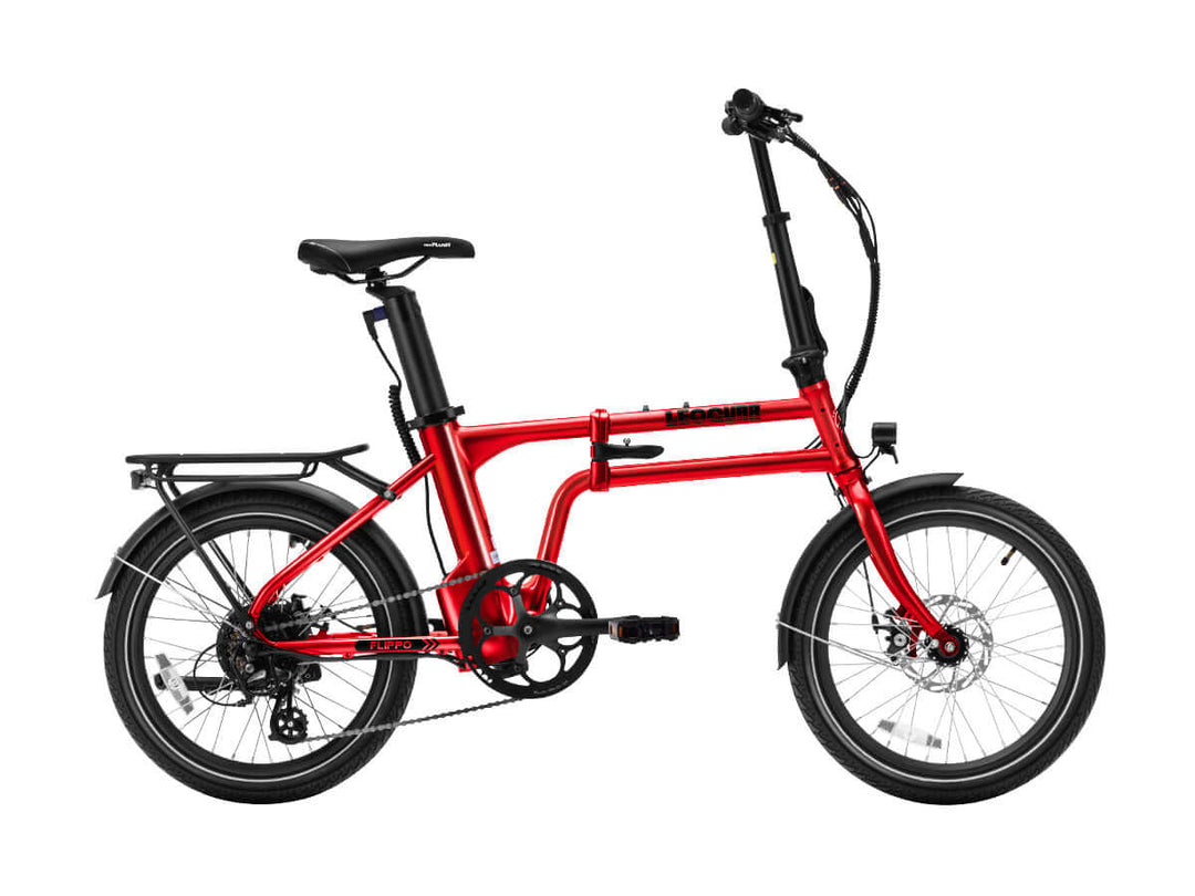 Straight side view of red Flippo folding ebike